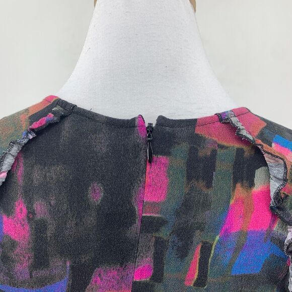 Plenty Tracy Reese Midi Dress XSP Petite Back Zip Round Buttons Puff Sleeve Geo - Picture 8 of 16